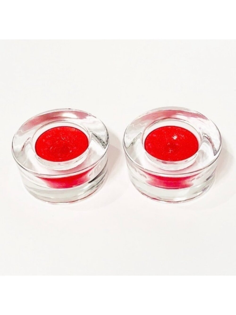 CANDLE HOLDERS Clear glass Round Set of two Raspberry Yankee candles included